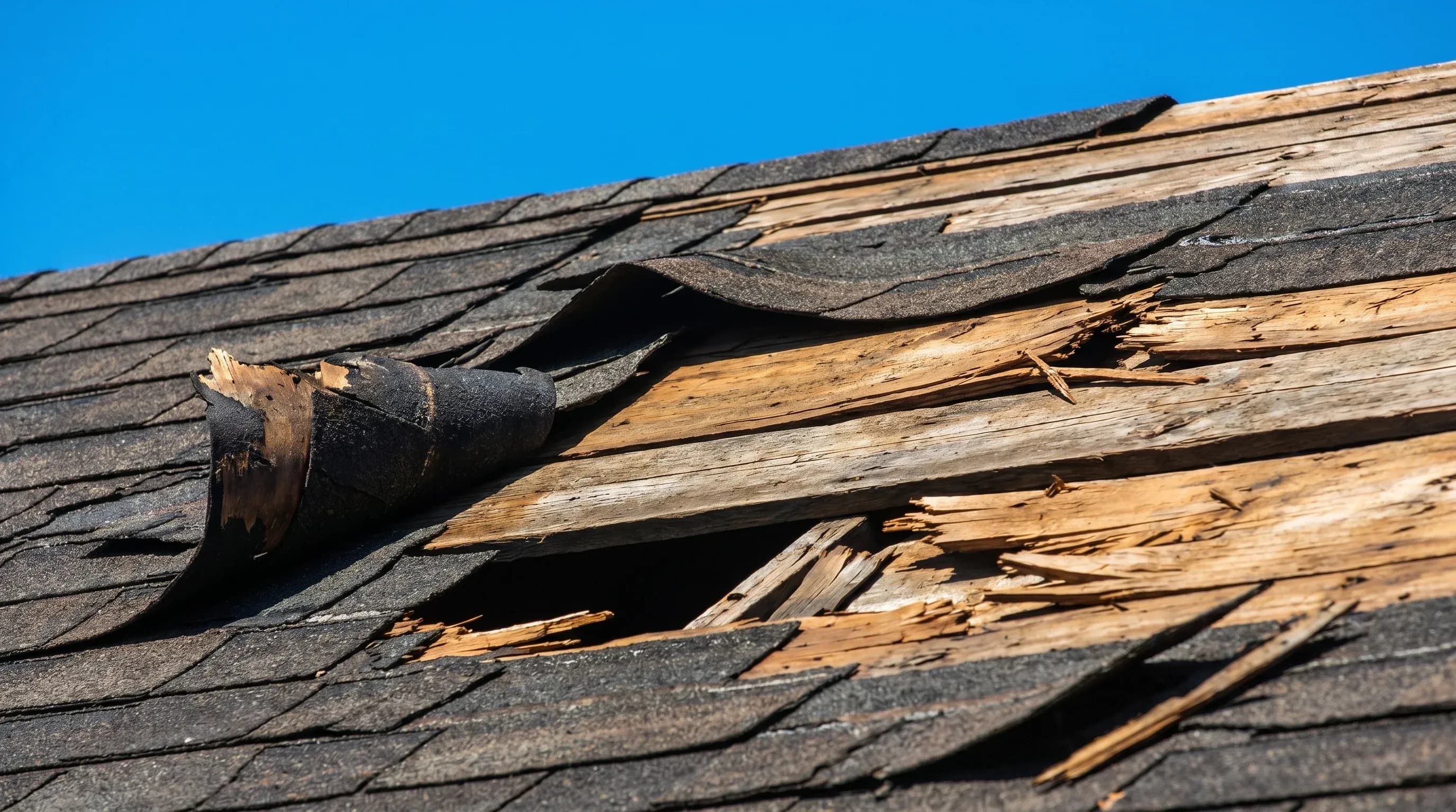 An older home's roof, missing shingles and damaged by wind and hail storms
