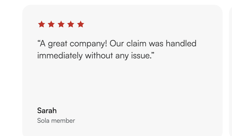 A five-star review for Sola Insurance from a member named Sarah who notes how quickly her claim was handled.