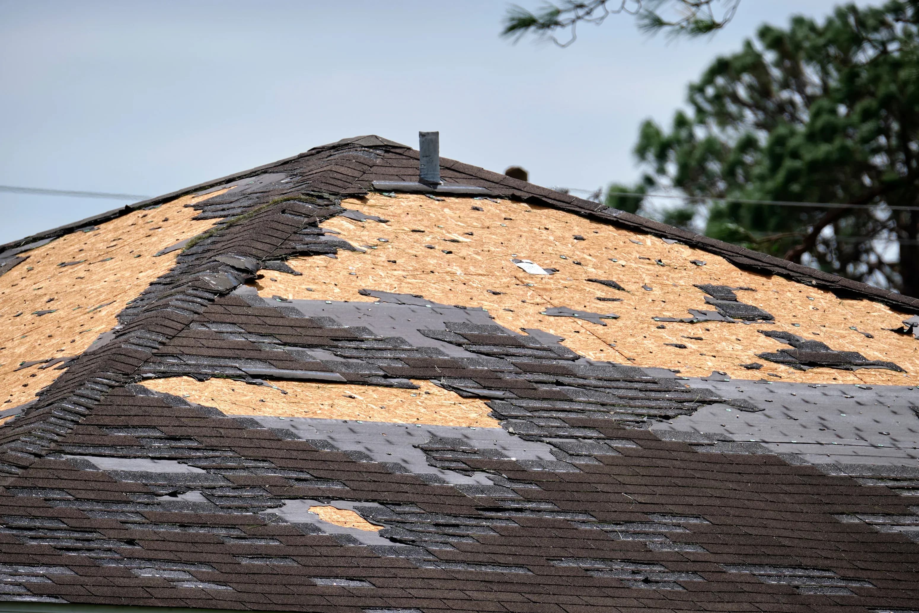 A wind and hail damaged roof is missing most of the shingles on one side.