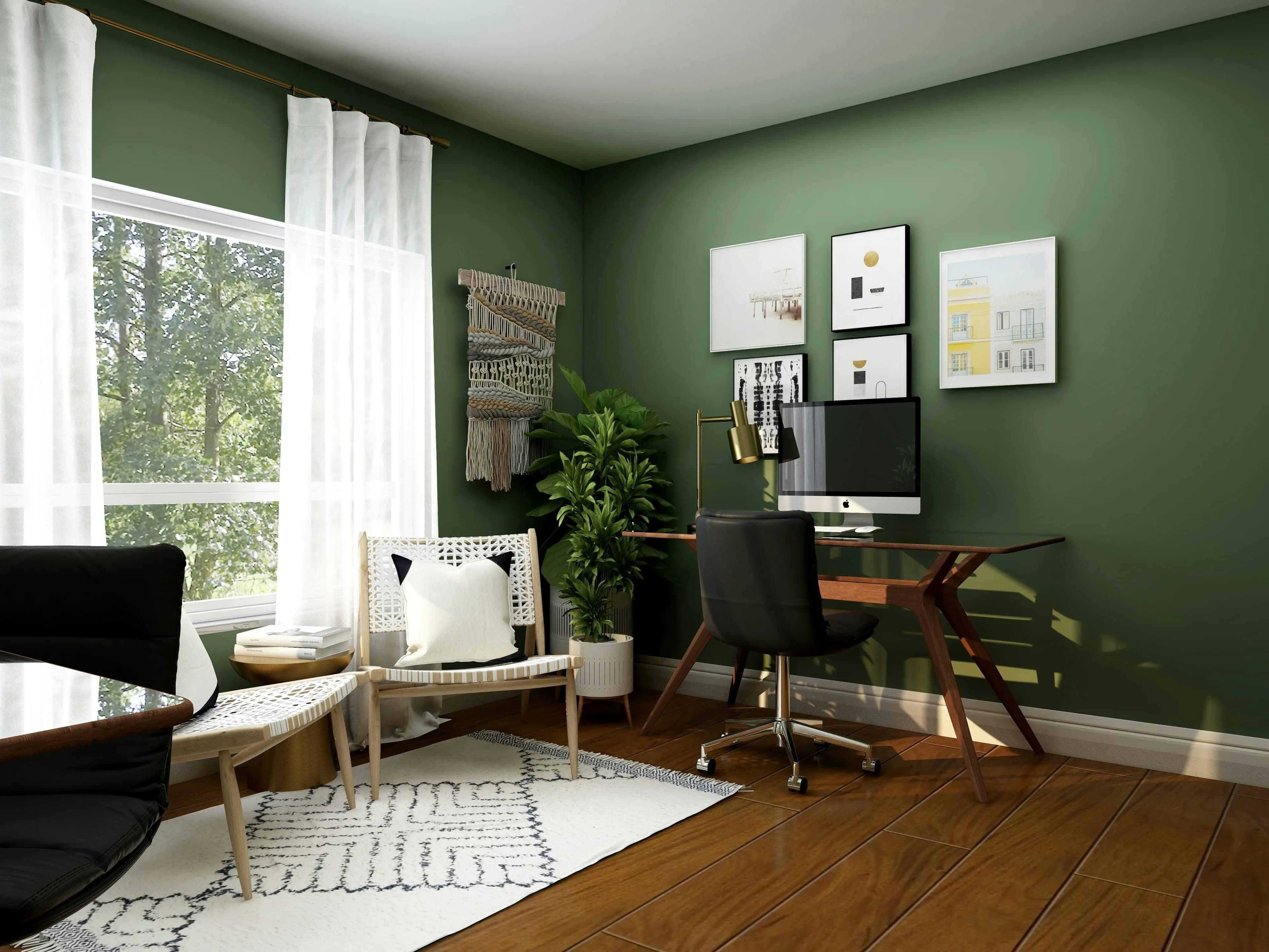 A small business owner's home office, including a small desk with a computer and two chairs.